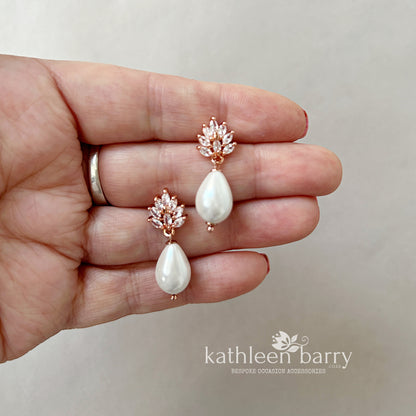 Rose gold or silver leaf detail cubic zirconia stud pearl drop earrings - Ivory or cream pearls (Limited stock)