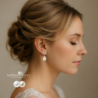 Rose gold or silver leaf detail cubic zirconia stud pearl drop earrings - Ivory or cream pearls (Limited stock)