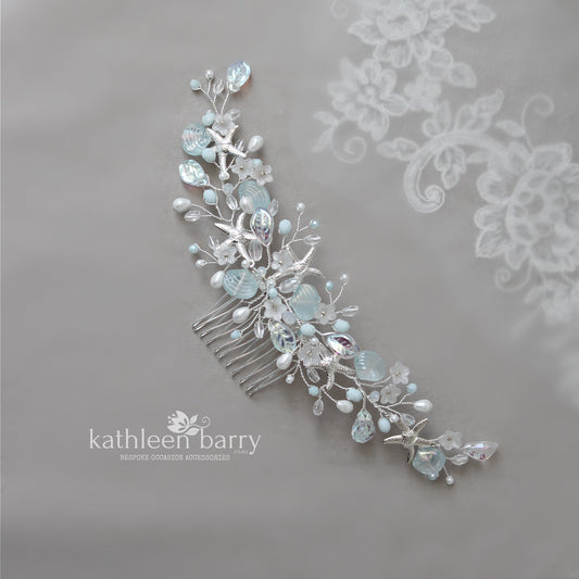 Stephanie Starfish vine style bridal hair comb, wedding floral hairpiece beach theme wedding - Assorted finish & color options seafoam beach glass