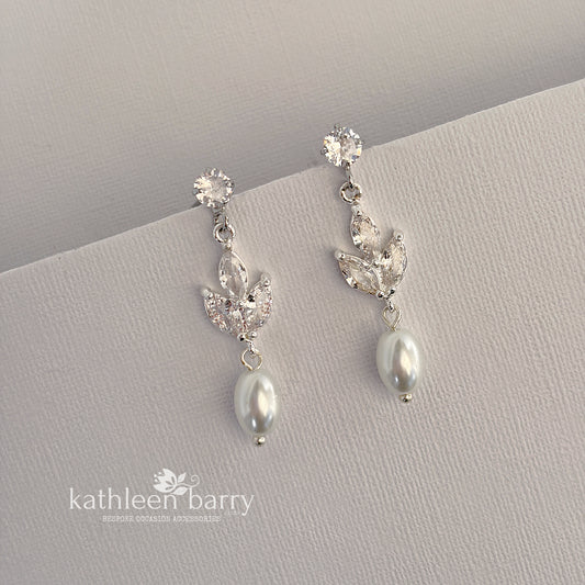 Pearl Drop Bridal Earrings with Marquise Cubic Zirconia