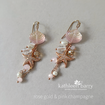 Two tone Shell and Rhinestone Starfish Earrings, pearls Beach Wedding Jewelry, Destination Bridal Earrings