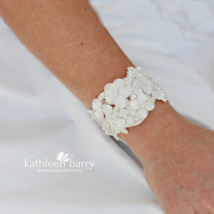 Tegan floral lace cuff bracelet - pearl crystal embellished, custom colors available