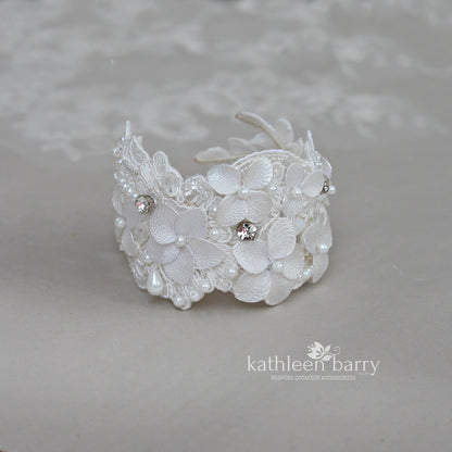Tegan floral lace cuff bracelet - pearl crystal embellished, custom colors available
