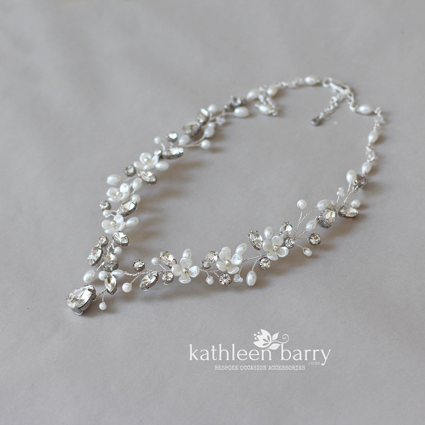 Yolanda statement floral wedding necklace - Available in Silver or gold finish, Clear Rhinestones