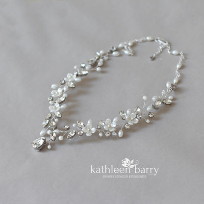 Yolanda statement floral wedding necklace - Available in Silver or gold finish, Clear Rhinestones
