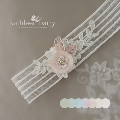 Yvonne garter ivory with flower detail and lace - Dusty blue - color options available