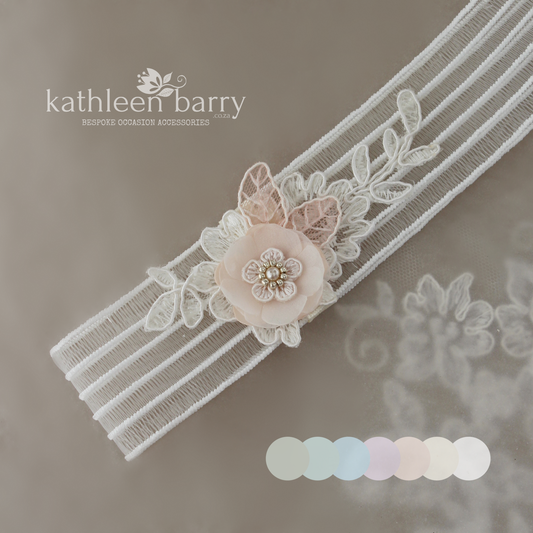 Yvonne garter ivory with flower detail and lace - Dusty blue - color options available