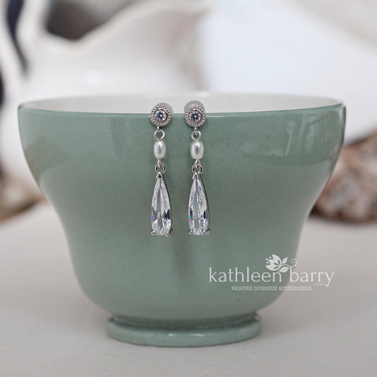 Dainty Art Deco inspired Pearl and Cubic Zirconia Drop Earrings – Silver Finish