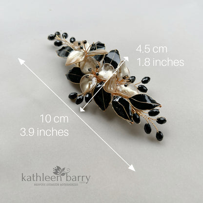 Custom order black and gold floral hair clip for Susan
