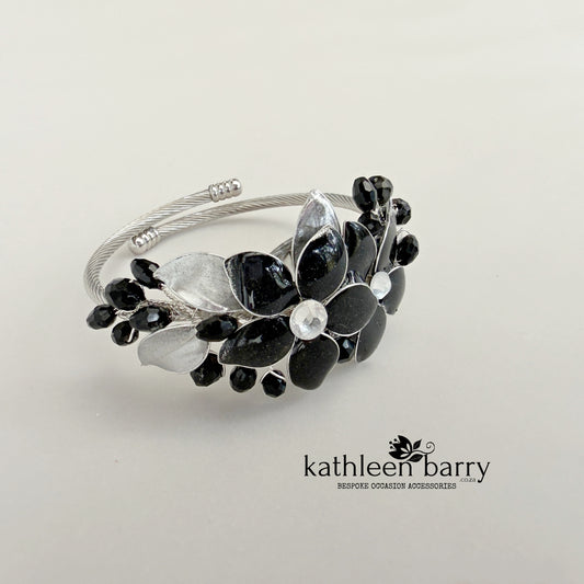 Modern Floral Corsage Bangle – Black Custom colors to order  (Silver/Gold/Rose Gold)