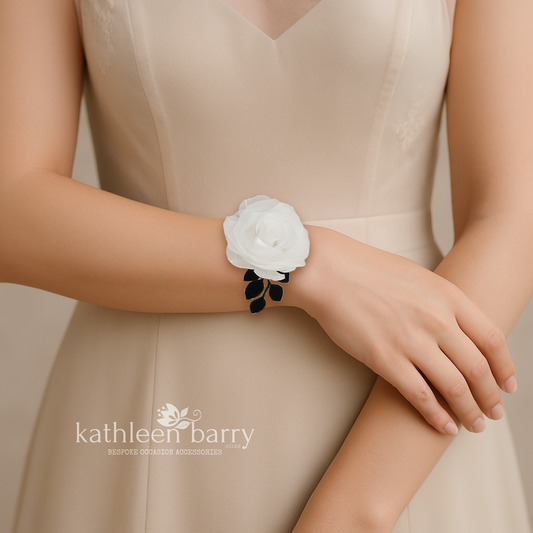 Modern rose wrist corsage - organza rose with velvet leaf detail