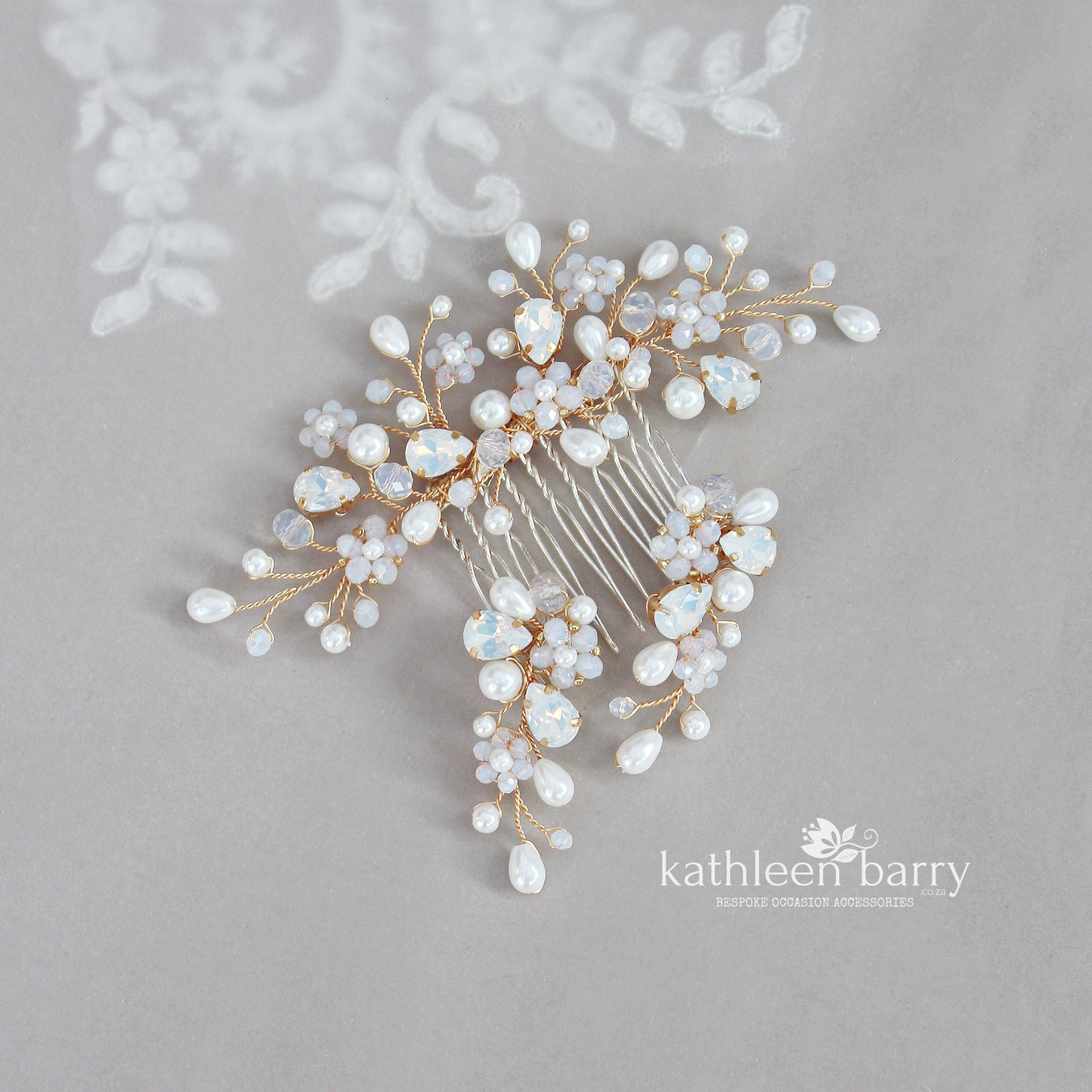 Dainty floral crystal pearl Rhinestone wedding hair comb available milky opal & assorted colors and finishes Gold, silver or rose gold STYLE: Bria