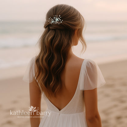 Starfish hair pin, resin inlay, crystal and pearl - sea star beach wedding - Sold Individually