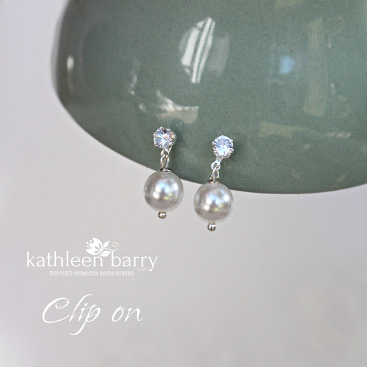 Clip on Cubic Zirconia and Czech glass pearl earrings - Available finishes (plated) Silver, gold & Rose gold