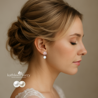 Cubic Zirconia Leaf Wedding Earrings with pearl drop – Rose Gold Finish only STYLE: Abby