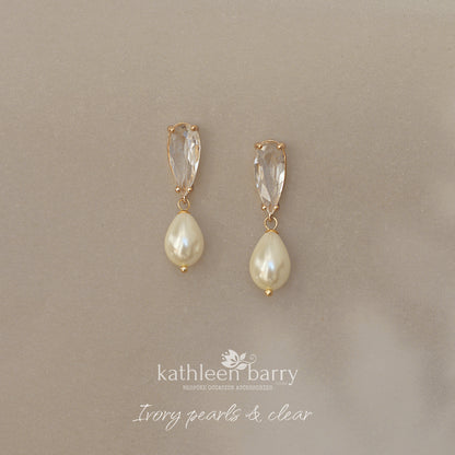 Emerald green OR clear cut glass pearl drop earrings - only available in gold limited edition