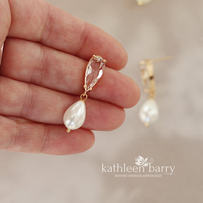 Emerald green OR clear cut glass pearl drop earrings - only available in gold limited edition