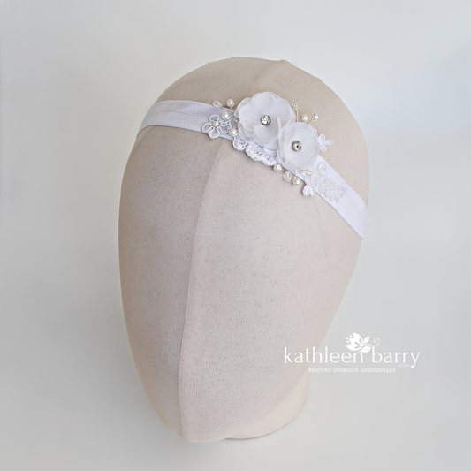 Elasticated floral lace headband for wedding baby or christening - assorted colors available