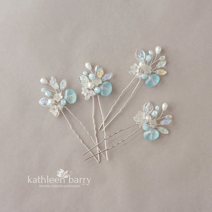 Beach Wedding Hair Pin with Artisan-Crafted Sea Glass Shell, pearls, flowers and leaves - Custom colors to order