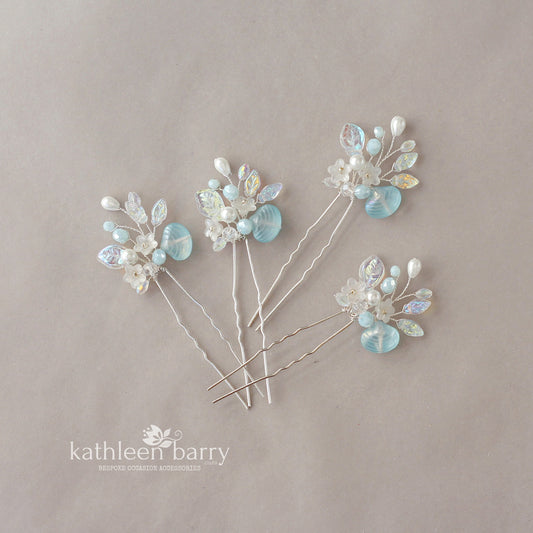 Beach Wedding Hair Pin with Artisan-Crafted Sea Glass Shell, pearls, flowers and leaves - Custom colors to order