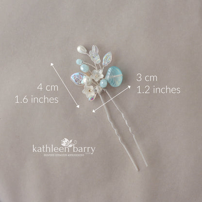 Beach Wedding Hair Pin with Artisan-Crafted Sea Glass Shell, pearls, flowers and leaves - Custom colors to order