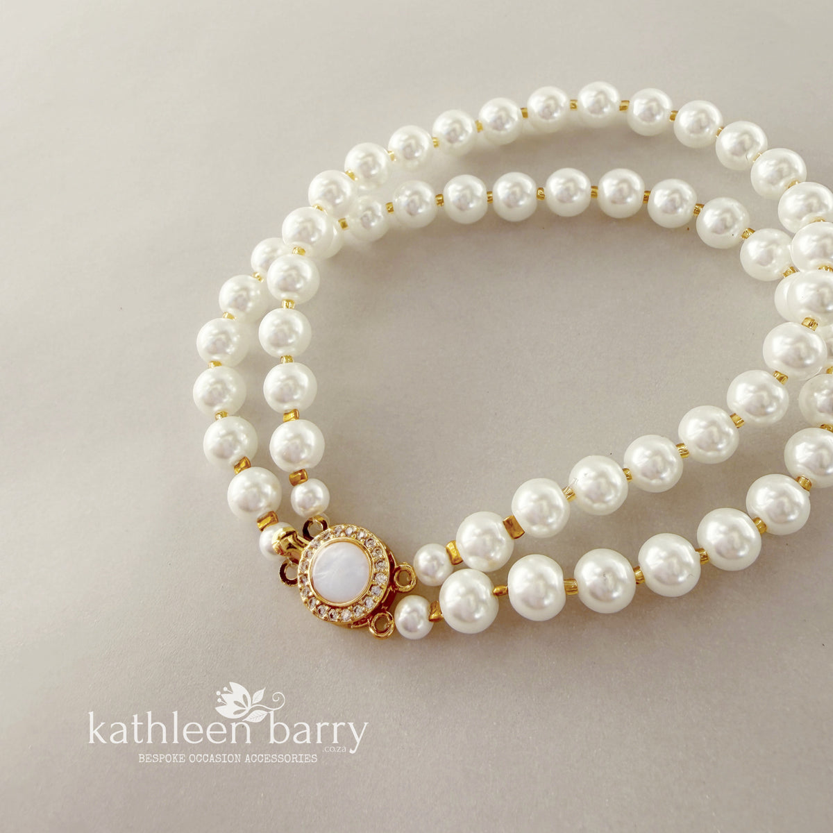 Claudia Double Strand Pearl Bracelet – Mother of Pearl & Pavé Clasp detail - 3 pearl colours