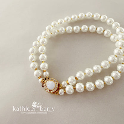 Claudia Double Strand Pearl Bracelet – Mother of Pearl & Pavé Clasp detail - 3 pearl colours