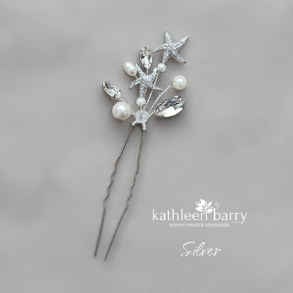 Destination Wedding Beach Hair Pins - starfish detail with rhinestones - available in gold or silver finish