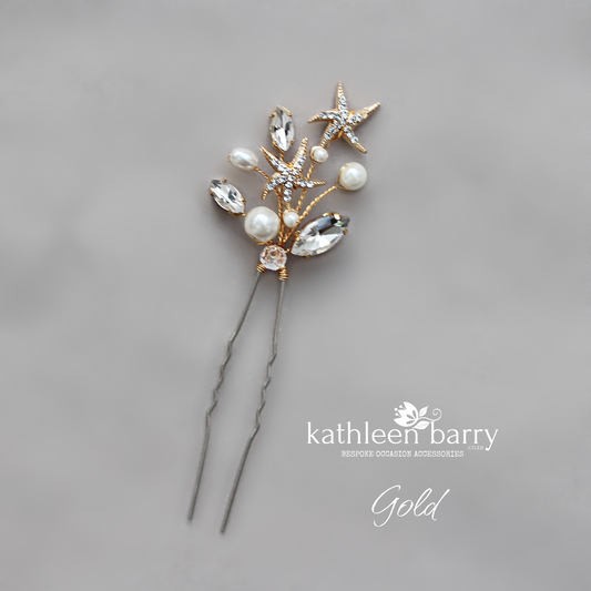 Destination Wedding Beach Hair Pins - starfish detail with rhinestones - available in gold or silver finish