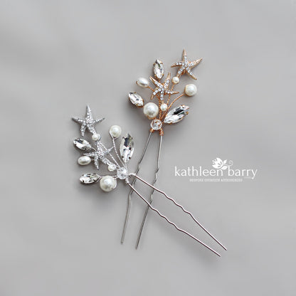 Destination Wedding Beach Hair Pins - starfish detail with rhinestones - available in gold or silver finish
