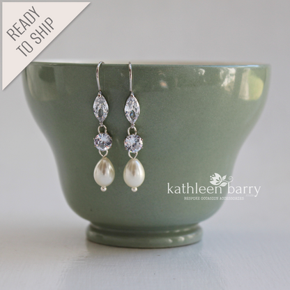 katie cubic Zirconia ivory pearl drop earrings - wedding accessories - available in silver or gold / platinum finish
