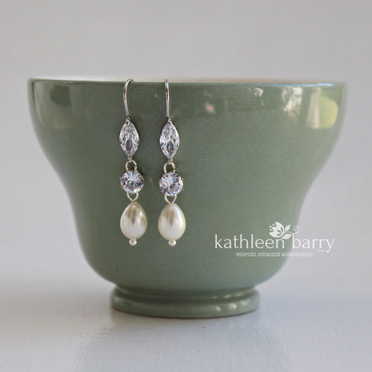 katie cubic Zirconia ivory pearl drop earrings - wedding accessories - available in silver or gold / platinum finish