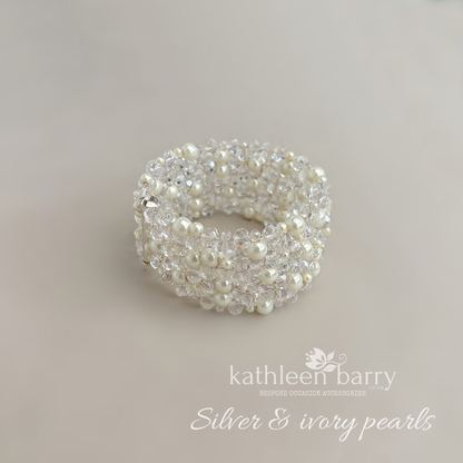 Lara Bridal Crystal Pearl Cuff Bracelet – Custom Size Silver, gold + rose gold