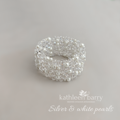 Lara Bridal Crystal Pearl Cuff Bracelet – Custom Size Silver, gold + rose gold
