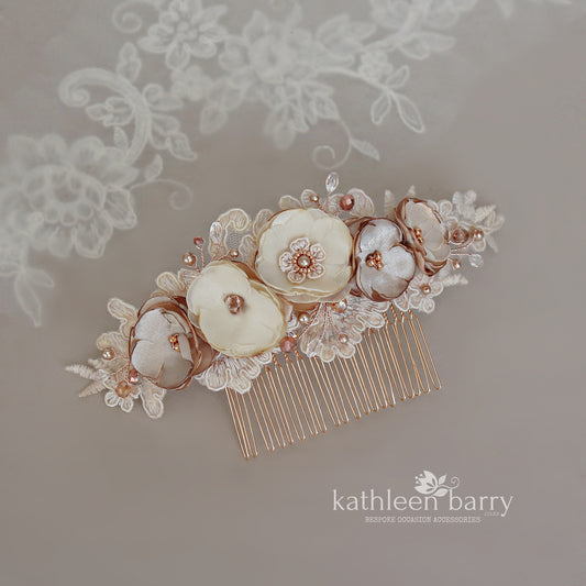 Linda Floral Cafe Latte Lace Bridal Hair Veil Comb, Luxury handmade Flowers, Crystals & Pearls - custom colors available