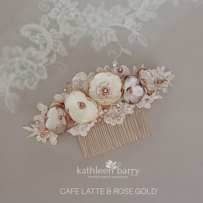 Linda Floral Cafe Latte Lace Bridal Hair Veil Comb, Luxury handmade Flowers, Crystals & Pearls - custom colors available