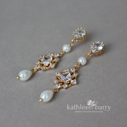 Lola filigree cubic zirconia and pearl chandelier earrings - Gold only