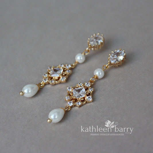 Lola filigree cubic zirconia and pearl chandelier earrings - Gold only