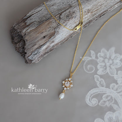 Lola filigree cubic zirconia and pearl necklace- Gold only Pearl color options