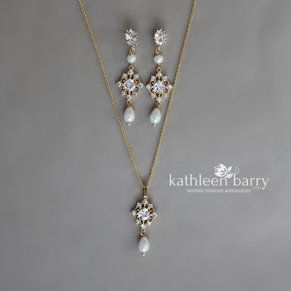 Lola filigree cubic zirconia and pearl necklace- Gold only Pearl color options