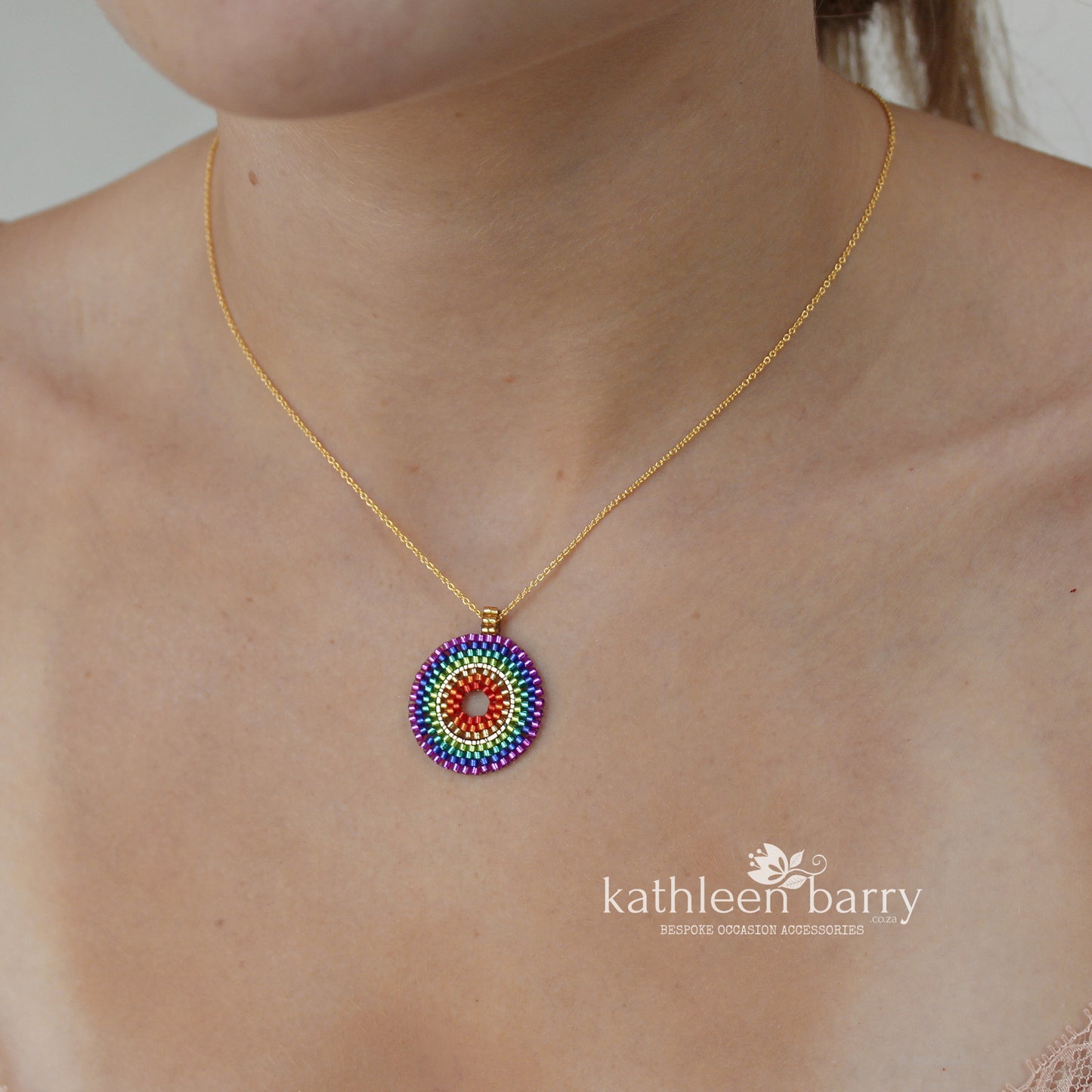 Naomi rainbow mandala pendent necklace available in Silver, gold or rose gold finish