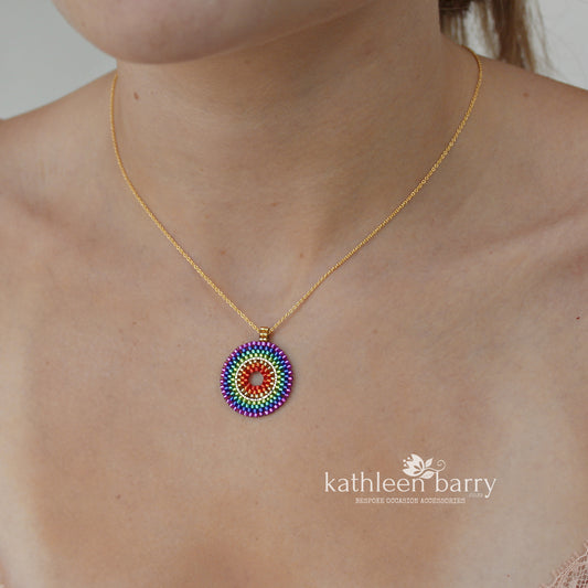 Naomi rainbow mandala pendent necklace available in Silver, gold or rose gold finish