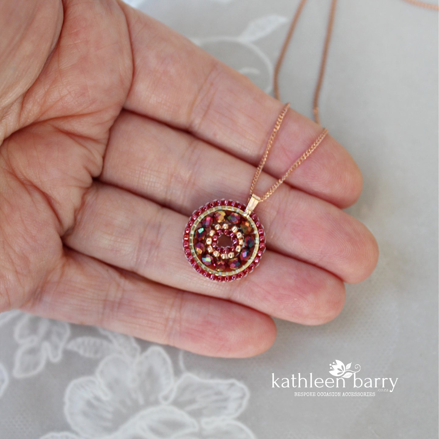 Dainty mandala beaded pendent necklace - Rasberry & rose gold - other colors to order - Limited edition