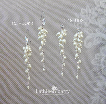 Mica pearl long drop earrings - available with hooks or studs with Cubic Zirconia detail nickel free