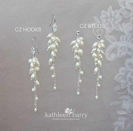 Mica pearl long drop earrings - available with hooks or studs with Cubic Zirconia detail nickel free