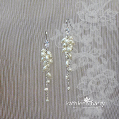 Mica pearl long drop earrings - available with hooks or studs with Cubic Zirconia detail nickel free