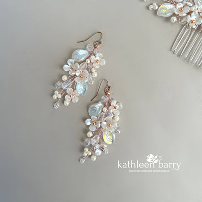 Kathy Flower Pearl Wedding Earrings – Gold Silver Rose Gold Bridal Earrings