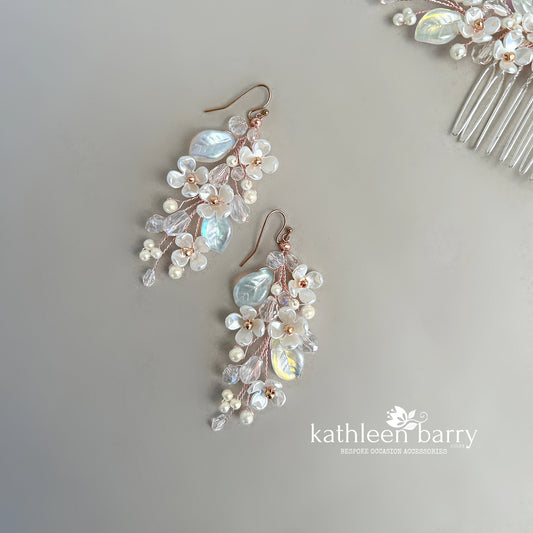 Kathy Flower Pearl Wedding Earrings – Gold Silver Rose Gold Bridal Earrings