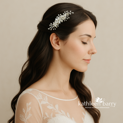 Delicate Floral Spray Wedding Hair Clip – Silver, Gold, or Rose Gold Finish STYLE: Liora