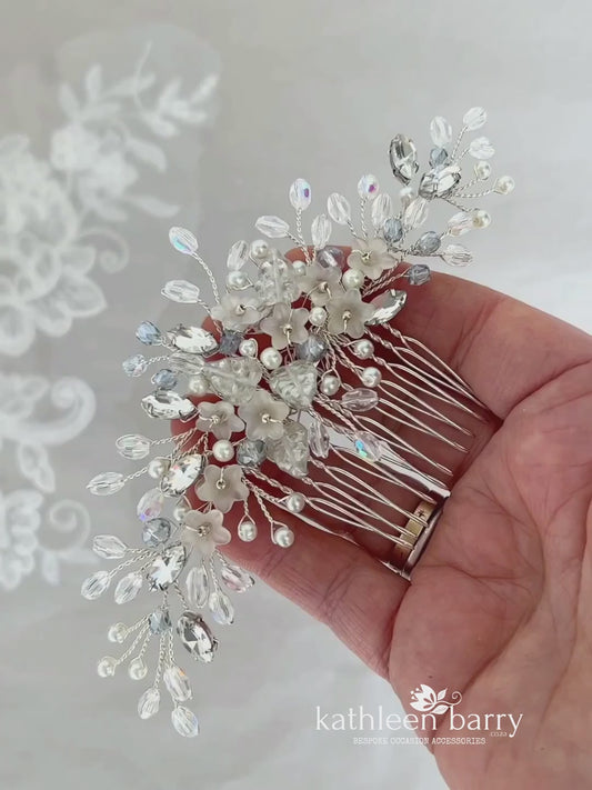 Aida Floral Crystal, Pearl & Rhinestone Comb - Gold, silver or rose gold - Color options available